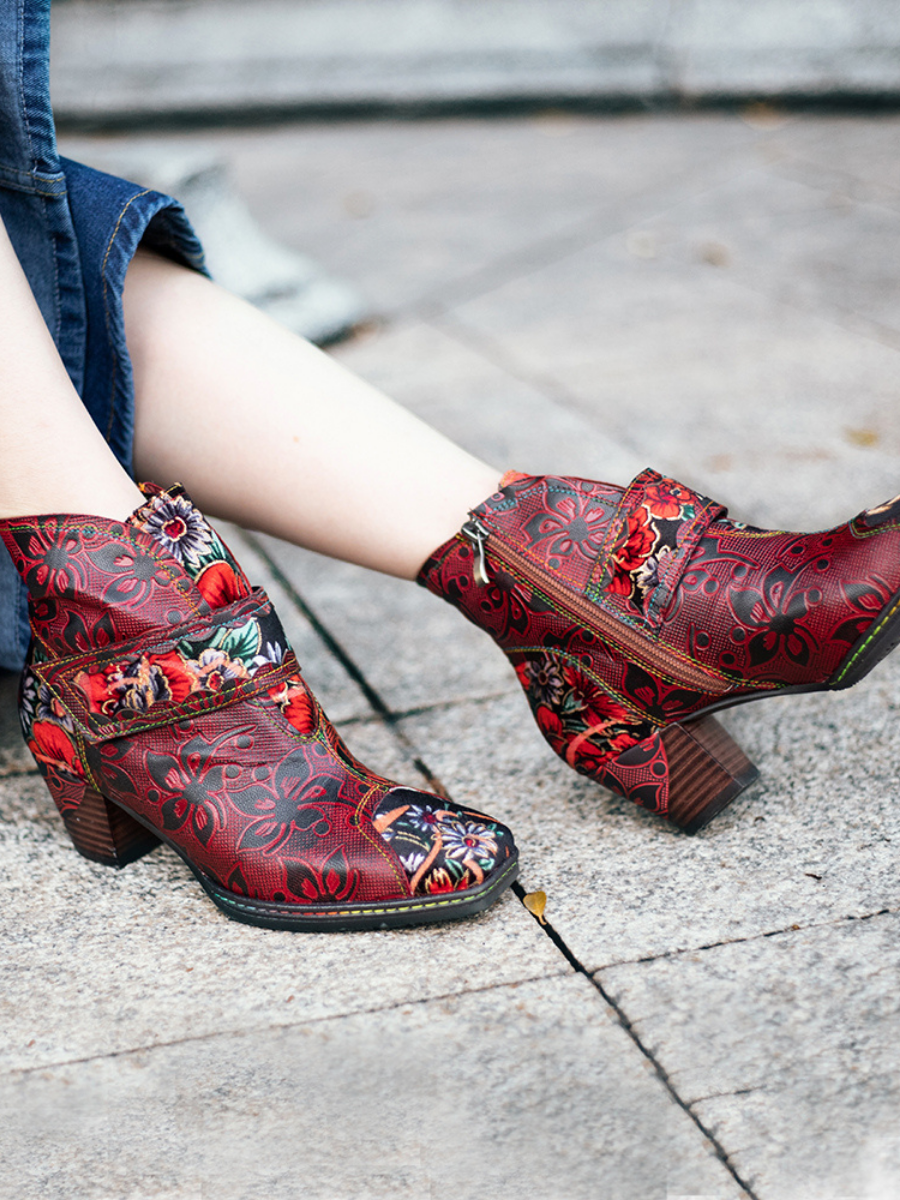 SOFFIA | Genuine Leather Orchid Embossed Red Heel Ankle Boots