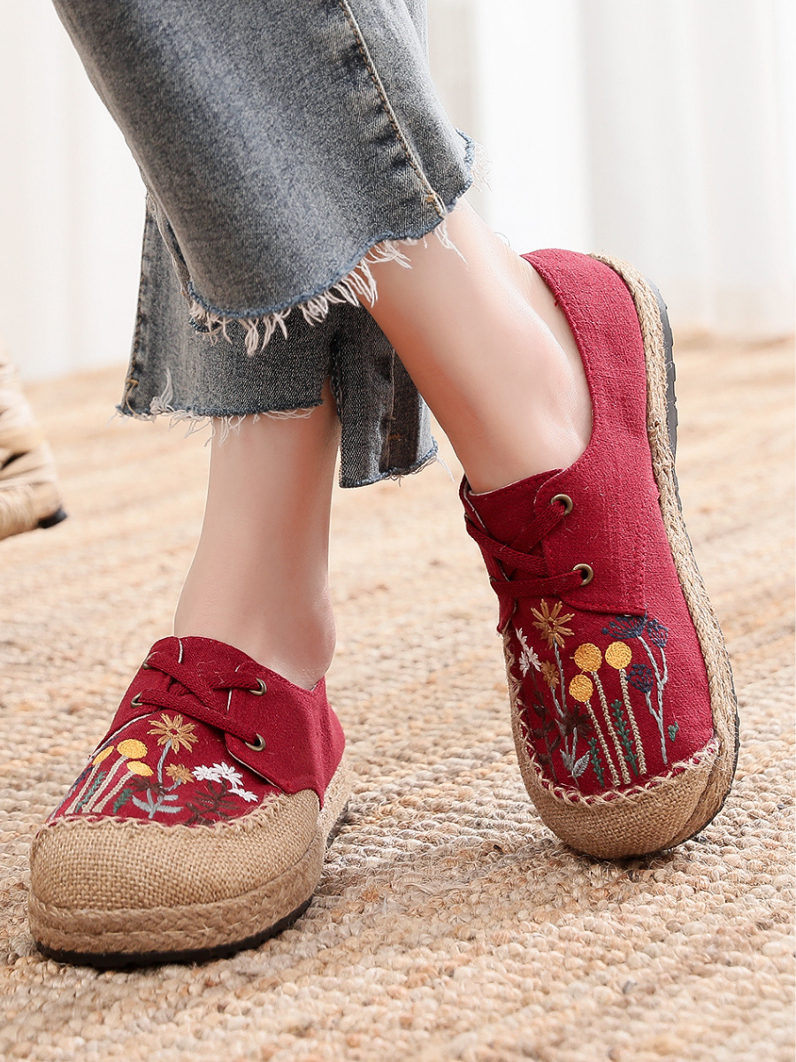 Cactus Rose | Garden Embroidered Linen Boat Shoes Espadrilles - Red