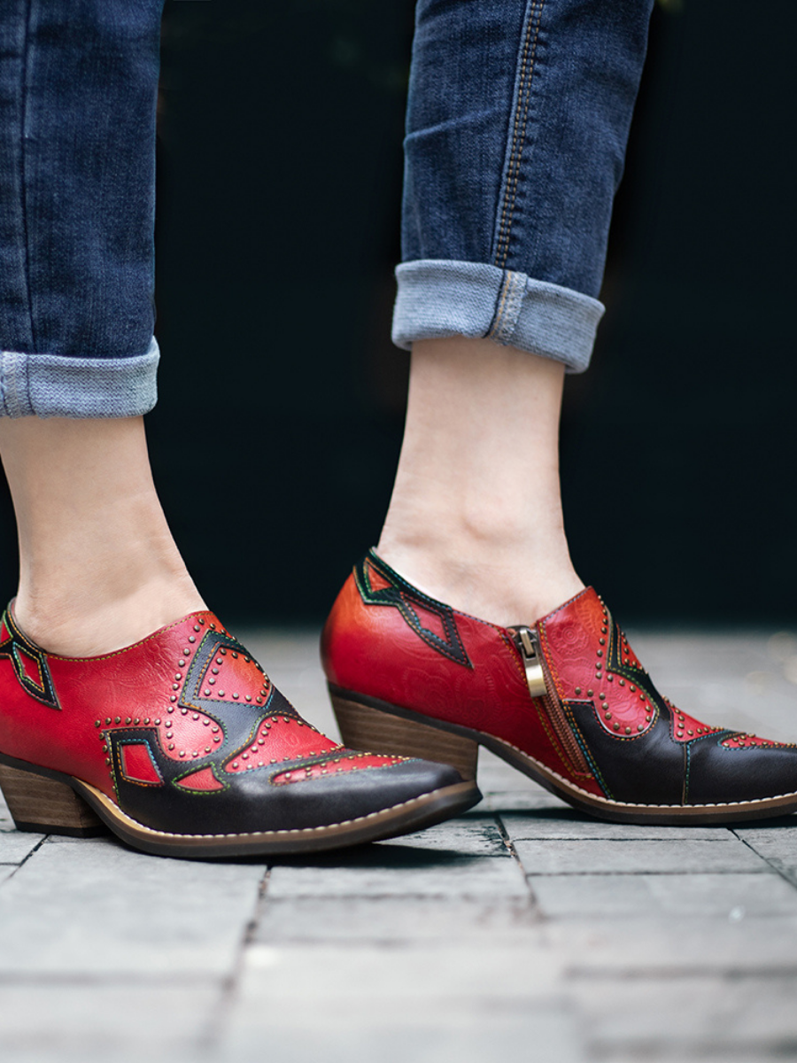 SOFFIA | Studded Red & Black Genuine Leather Loafers Pumps