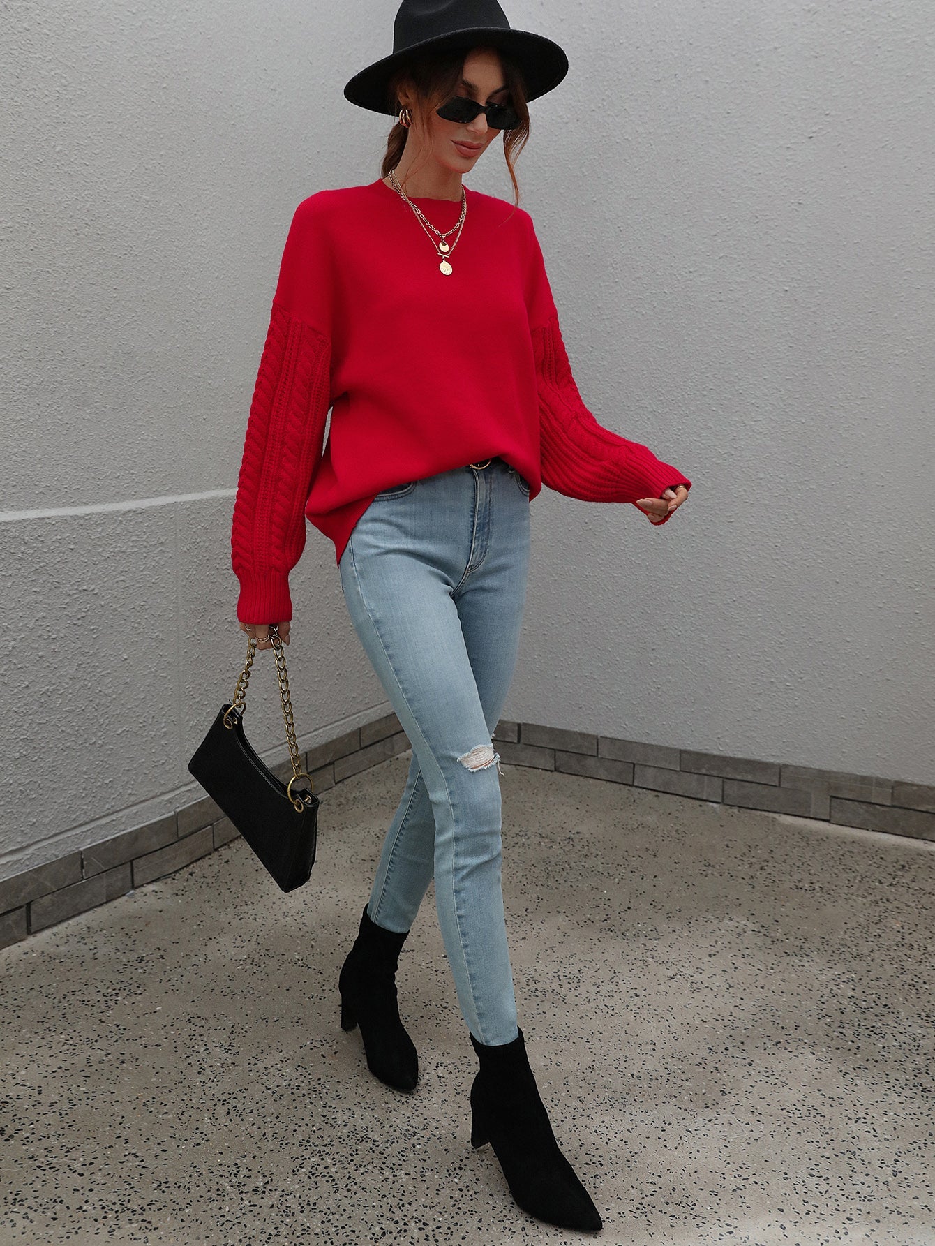 BRAIDED SLEEVE KNIT SWEATER - RED