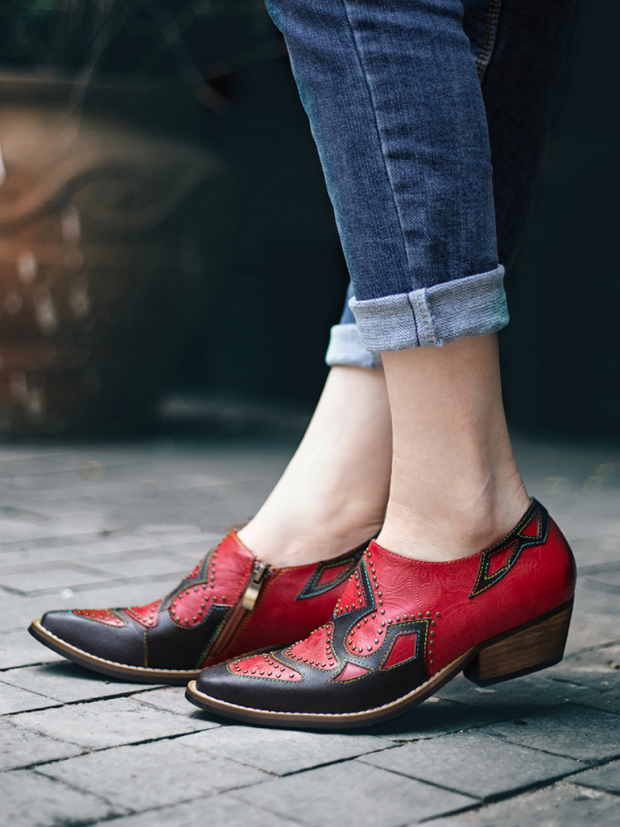 SOFFIA | Studded Red & Black Genuine Leather Loafers Pumps