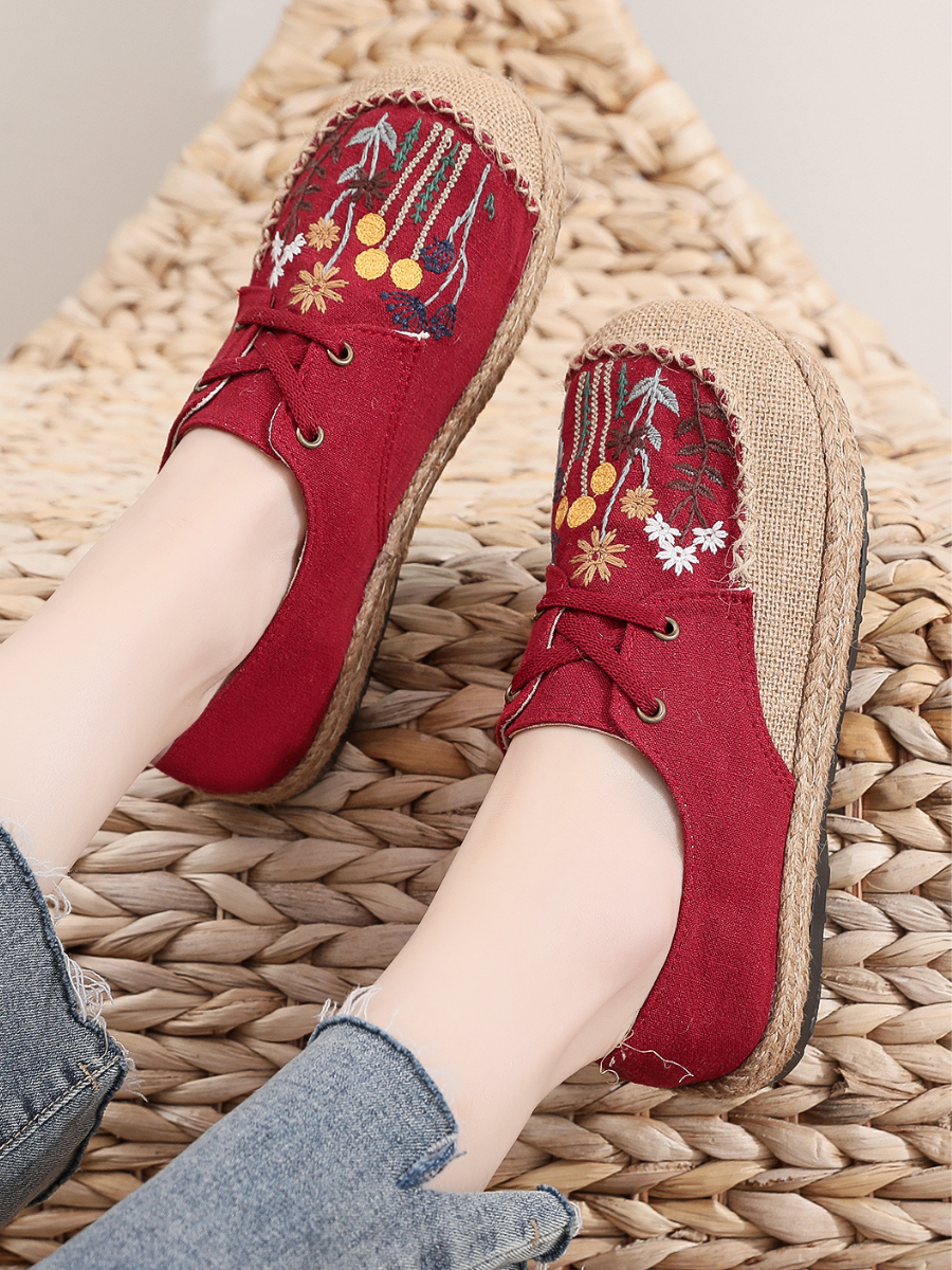 Cactus Rose | Garden Embroidered Linen Boat Shoes Espadrilles - Red