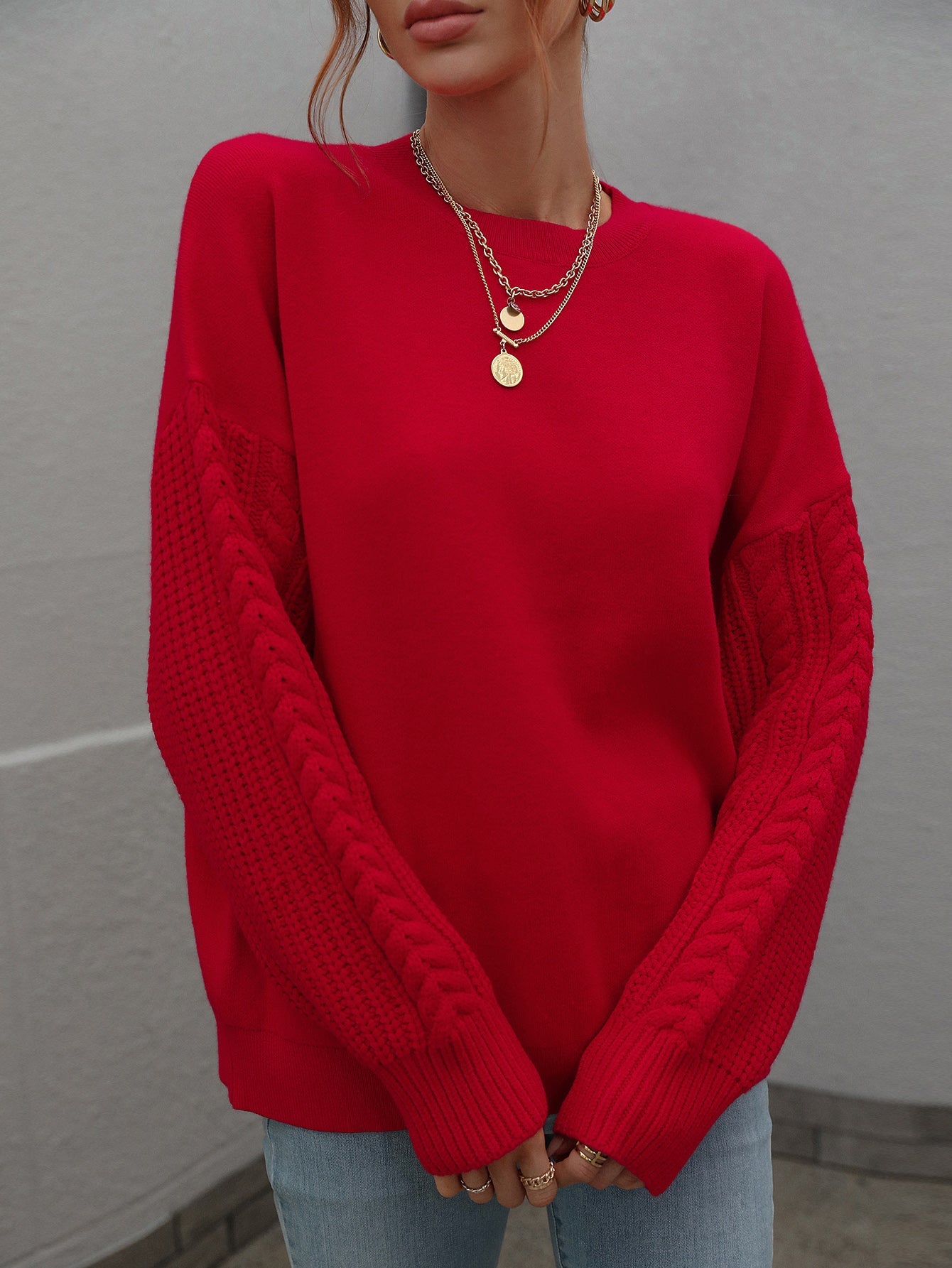 BRAIDED SLEEVE KNIT SWEATER - RED