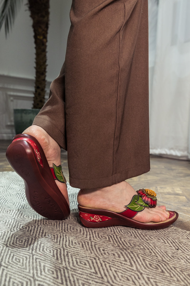 SOFFIA | Genuine Leather Plumeria Appliqued Flip Flop Low Heel Sandals - Red