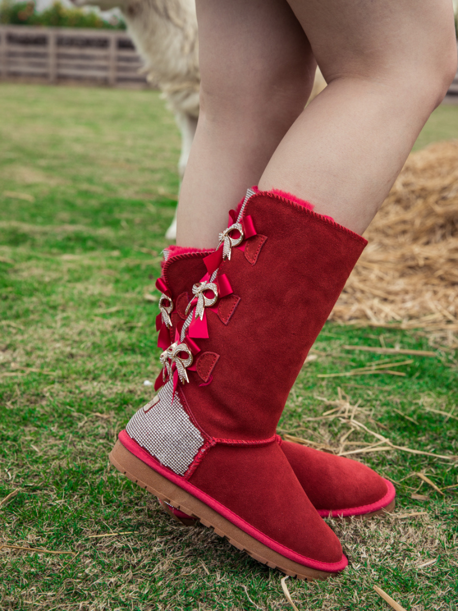 SMAIBULUN Ugg | Rhinestone Ribbon Tri-Tie Bow Suede Boots - Red