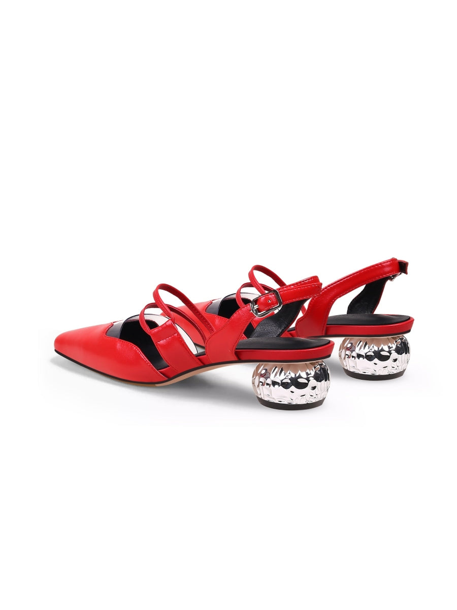 JadyRose | Double Strap-Detail Low Heel Point Toe Leather D'Orsay Pumps Sandals- Red