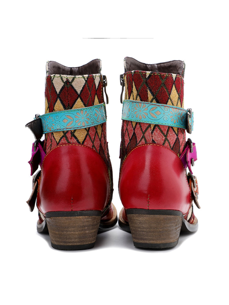 SOFFIA | Genuine Leather Bohemian Diamond Block Colorful Printed Leather Moto AnkleBoots