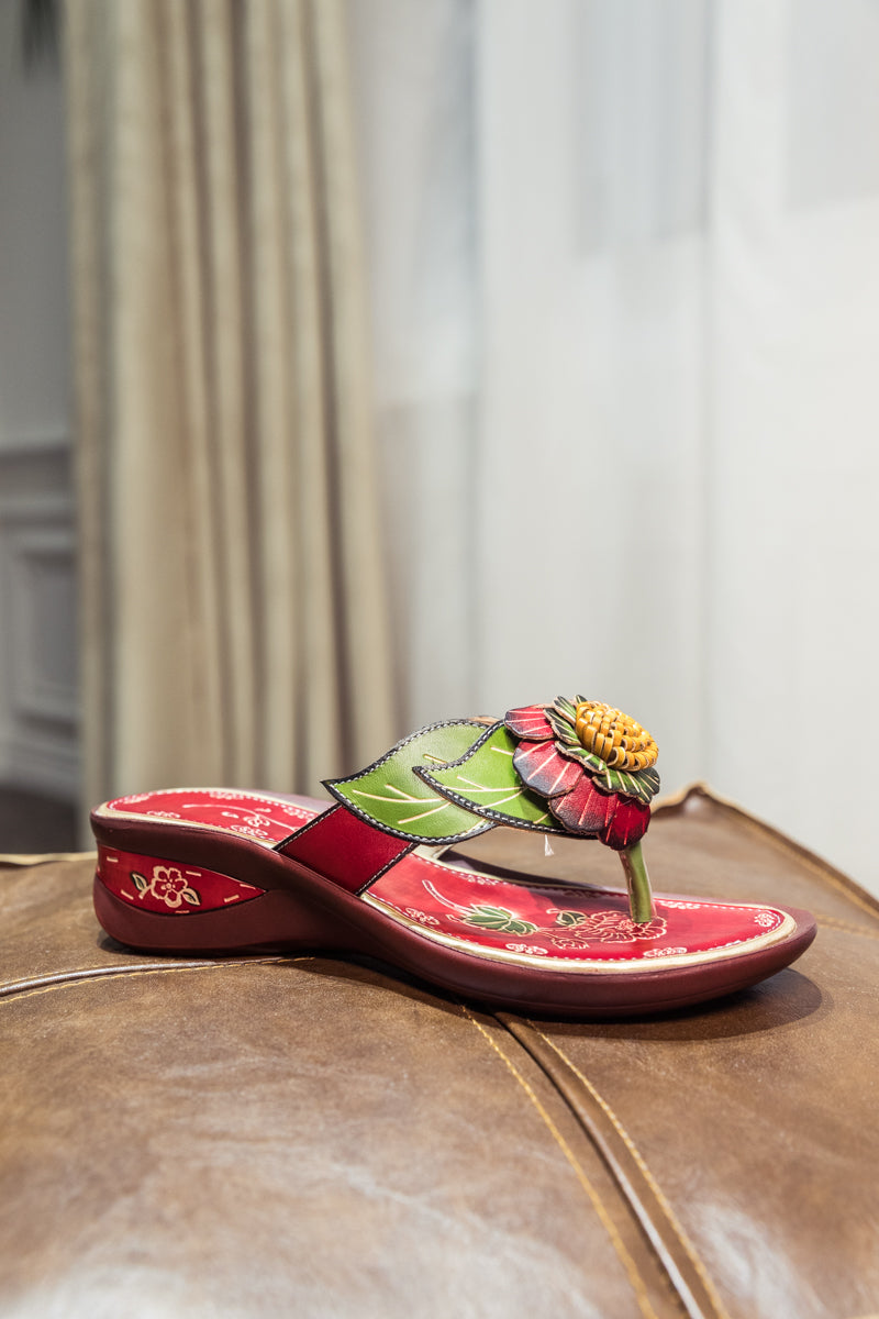 SOFFIA | Genuine Leather Plumeria Appliqued Flip Flop Low Heel Sandals - Red