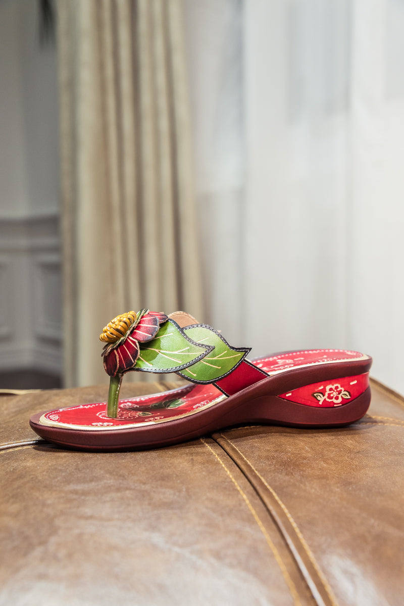 SOFFIA | Genuine Leather Plumeria Appliqued Flip Flop Low Heel Sandals - Red