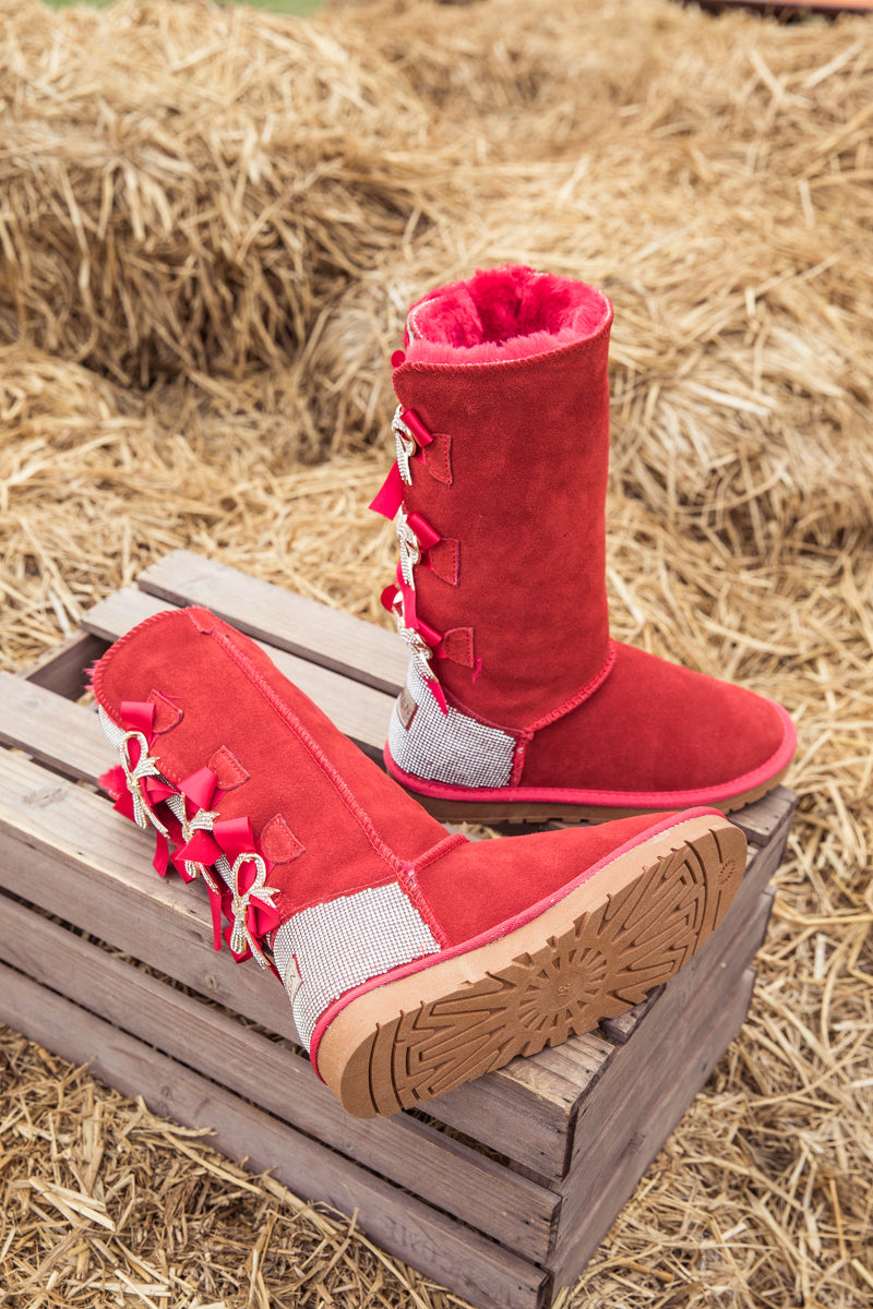 SMAIBULUN Ugg | Rhinestone Ribbon Tri-Tie Bow Suede Boots - Red