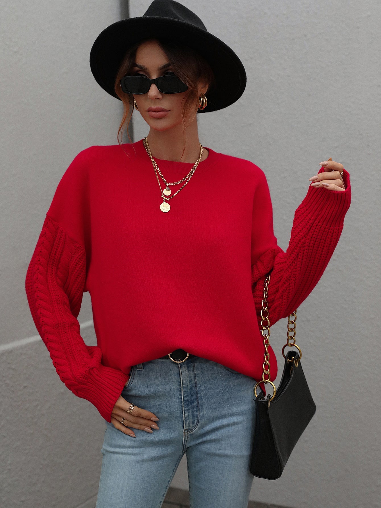 BRAIDED SLEEVE KNIT SWEATER - RED