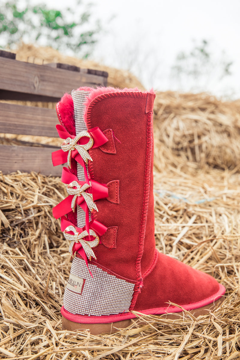 SMAIBULUN Ugg | Rhinestone Ribbon Tri-Tie Bow Suede Boots - Red