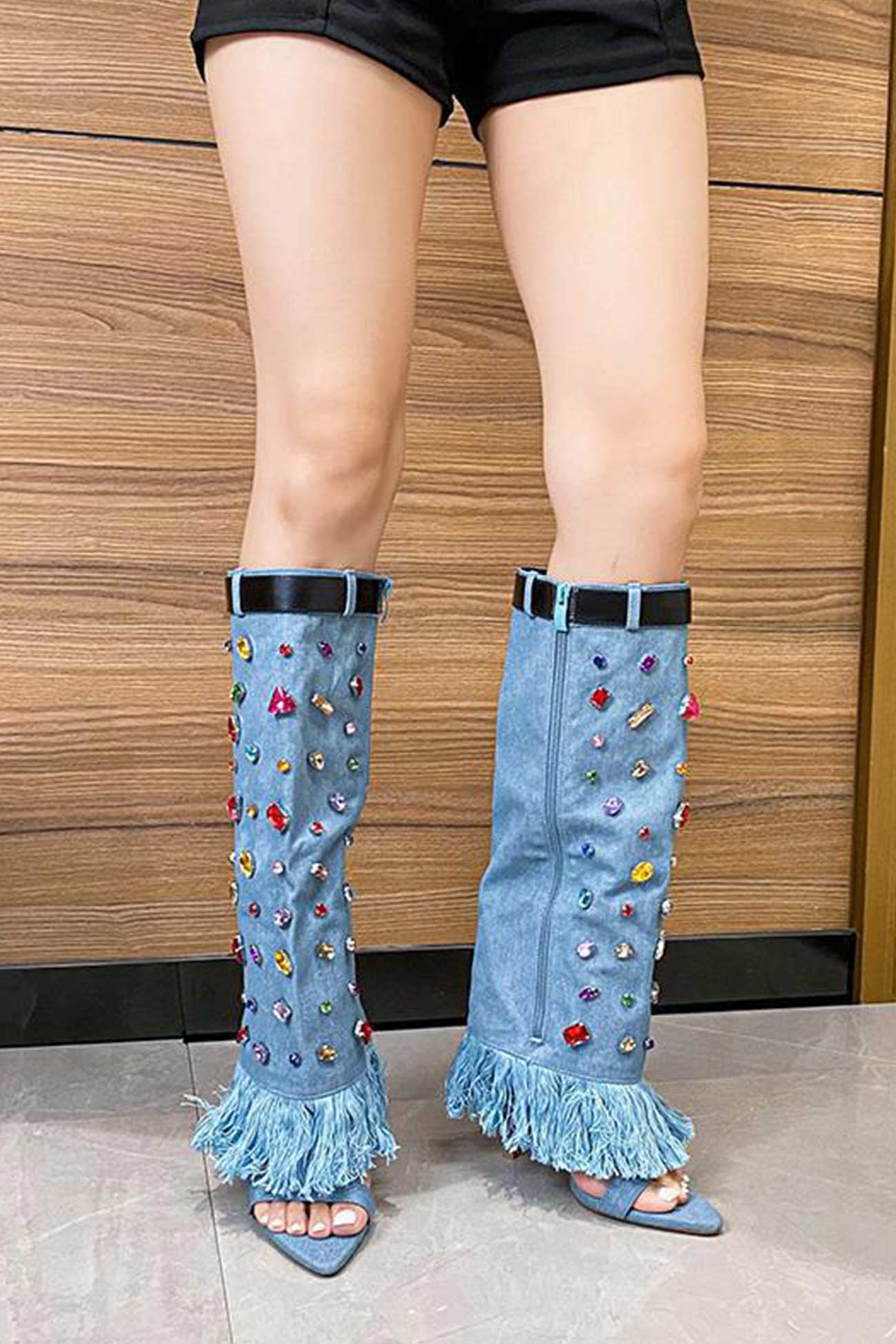 Rhinestone Denim High Heel Pointed Toe Boots