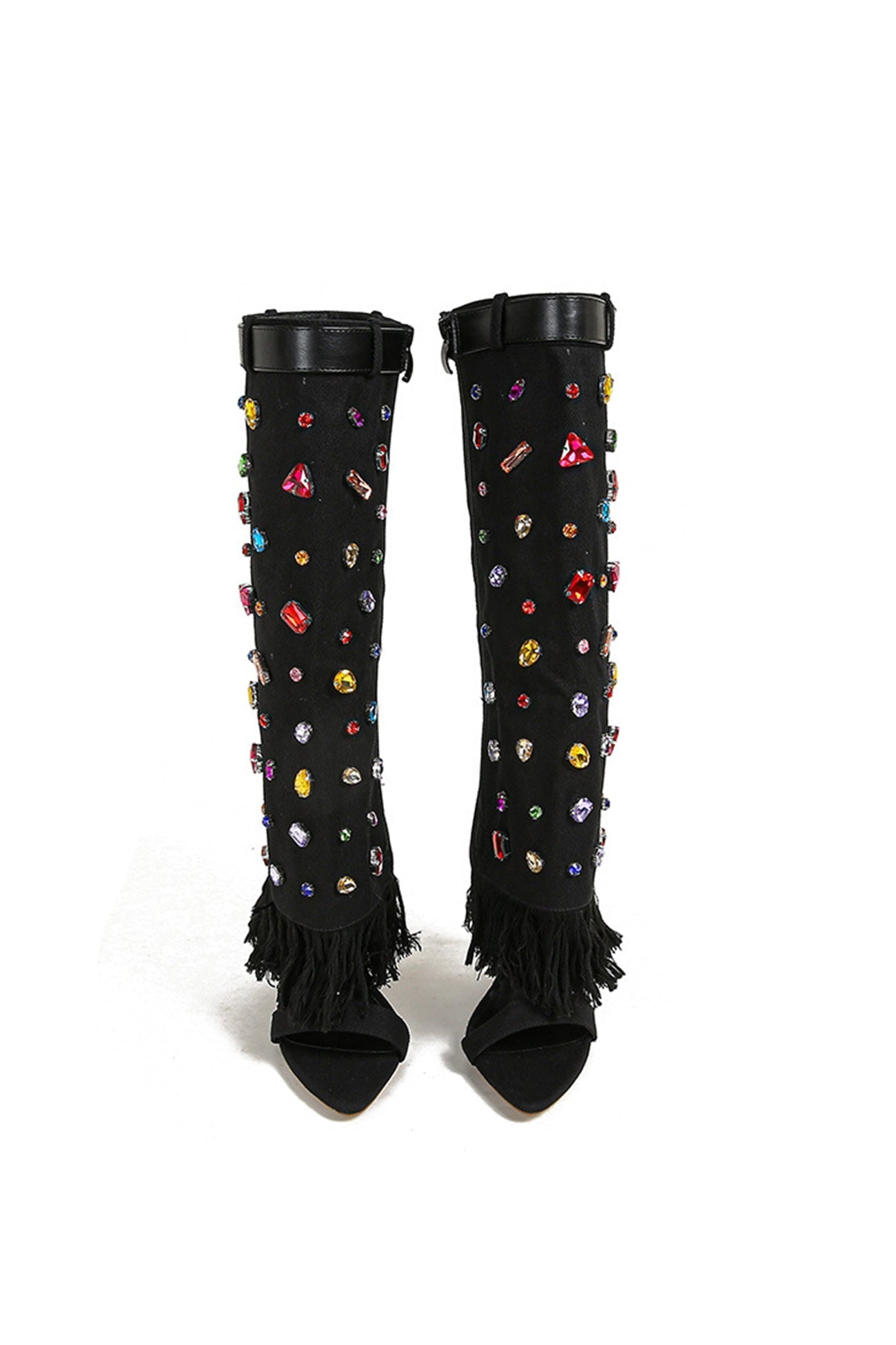 Rhinestone Denim High Heel Pointed Toe Boots