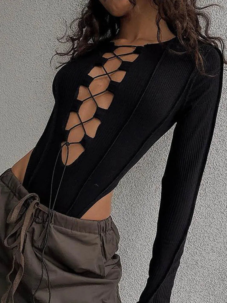 Ribbed Knitted Long Sleeve Tie Up Sexy Bodysuit Bandage Patchwork Bodycon Club Party Body Women Outfit High Waist Top