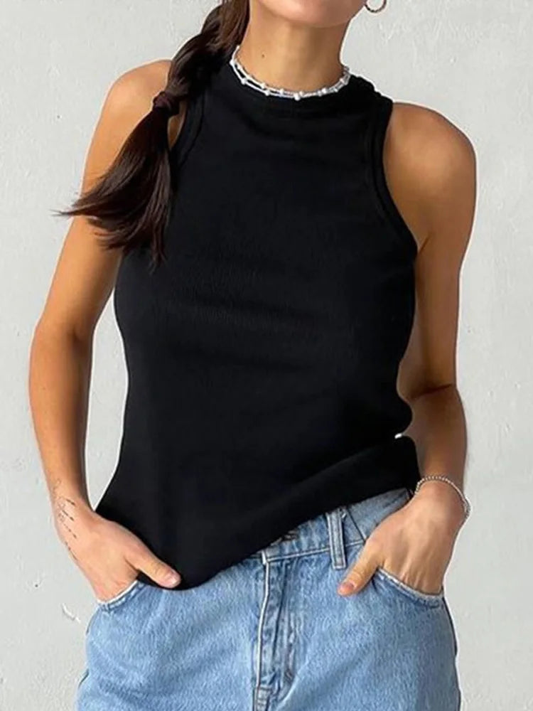 Ribbed Knitted Tops Neck Summer Basic Shirts White Black Casual Sport Vest Off Shoulder Green Women’s Tank Top