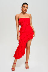 Rita Red Strapless Ruffled Midi Dress