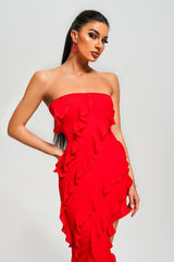 Rita Red Strapless Ruffled Midi Dress