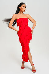 Rita Red Strapless Ruffled Midi Dress