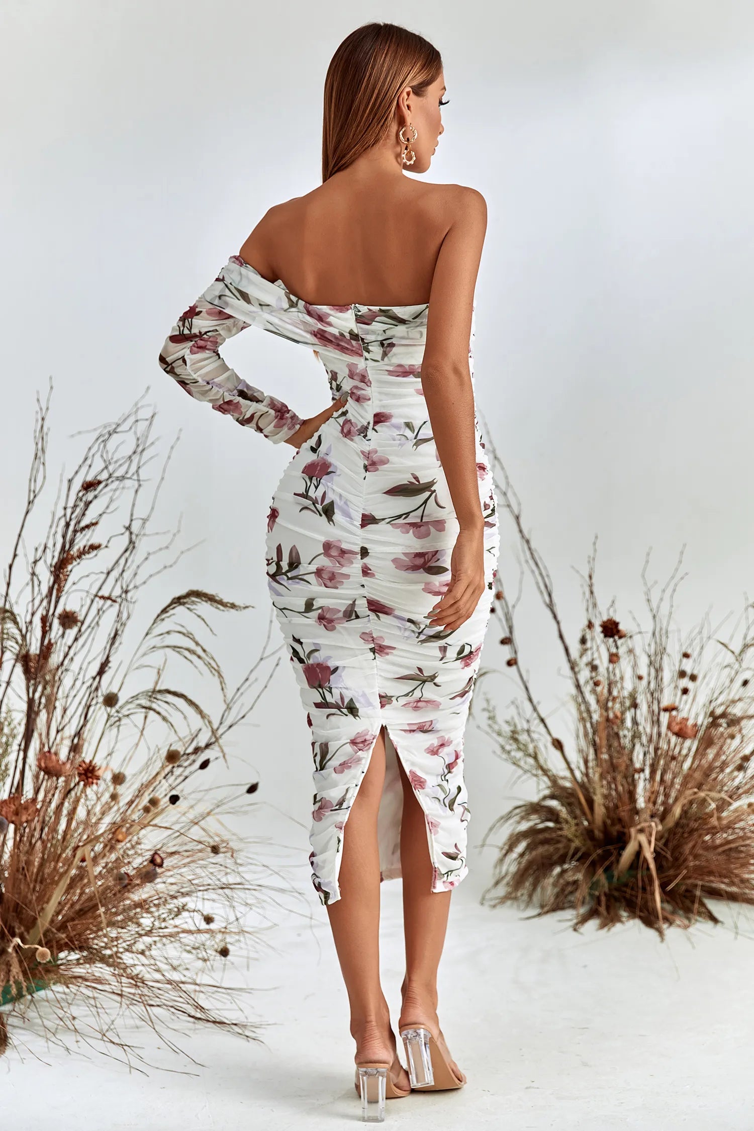 Rosa Pink and White Floral Printed Off-Shoulder Midi Dress