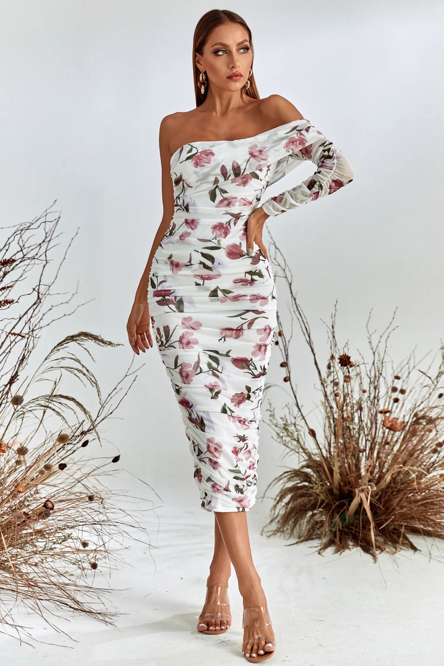 Rosa Pink and White Floral Printed Off-Shoulder Midi Dress