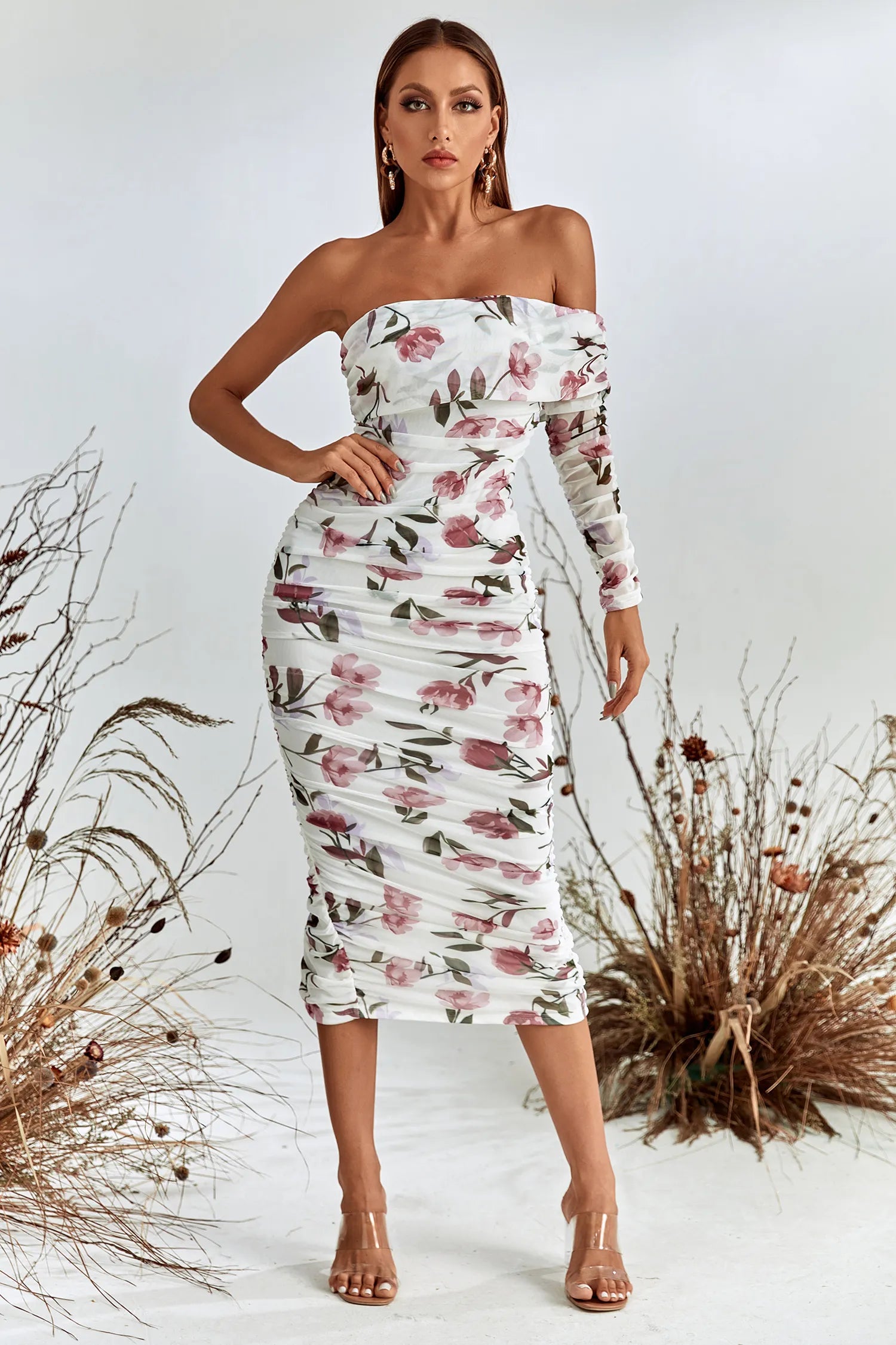 Rosa Pink and White Floral Printed Off-Shoulder Midi Dress