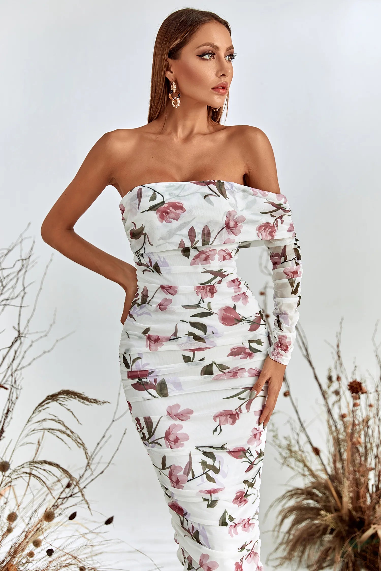 Rosa Pink and White Floral Printed Off-Shoulder Midi Dress