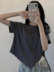 Round Collar Solid Short Sleeve T-shirt Girls Chic Irregular Bandage Slim Crop Tops For Woman 2024 Summer All-Match Casual Basic