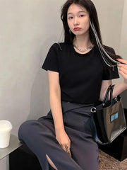 Round Collar Solid Short Sleeve T-shirt Girls Chic Irregular Bandage Slim Crop Tops For Woman 2024 Summer All-Match Casual Basic