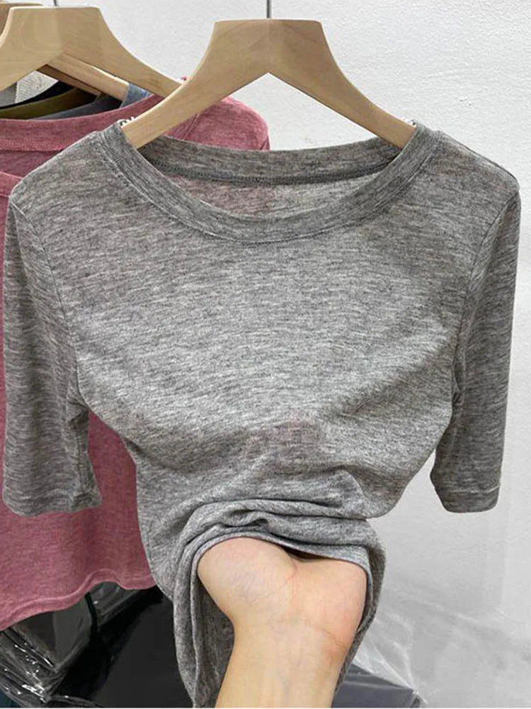 Round neck solid color mid-sleeve T-shirt women’s summer new Korean style slim all-match top