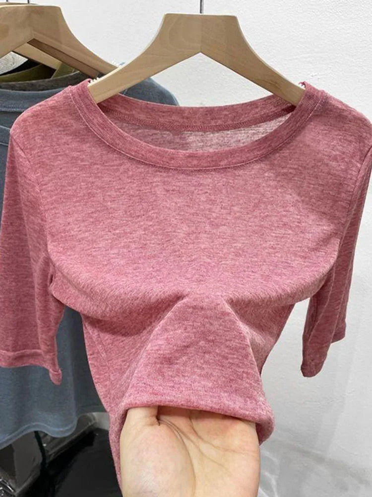 Round neck solid color mid-sleeve T-shirt women’s summer new Korean style slim all-match top