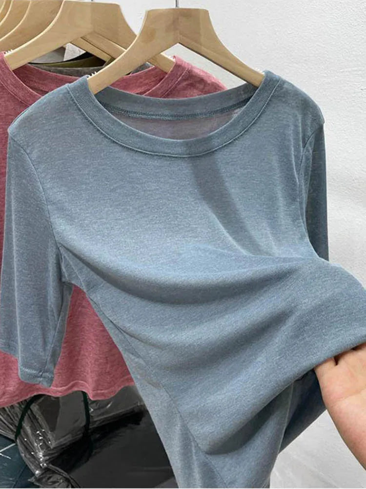 Round neck solid color mid-sleeve T-shirt women’s summer new Korean style slim all-match top