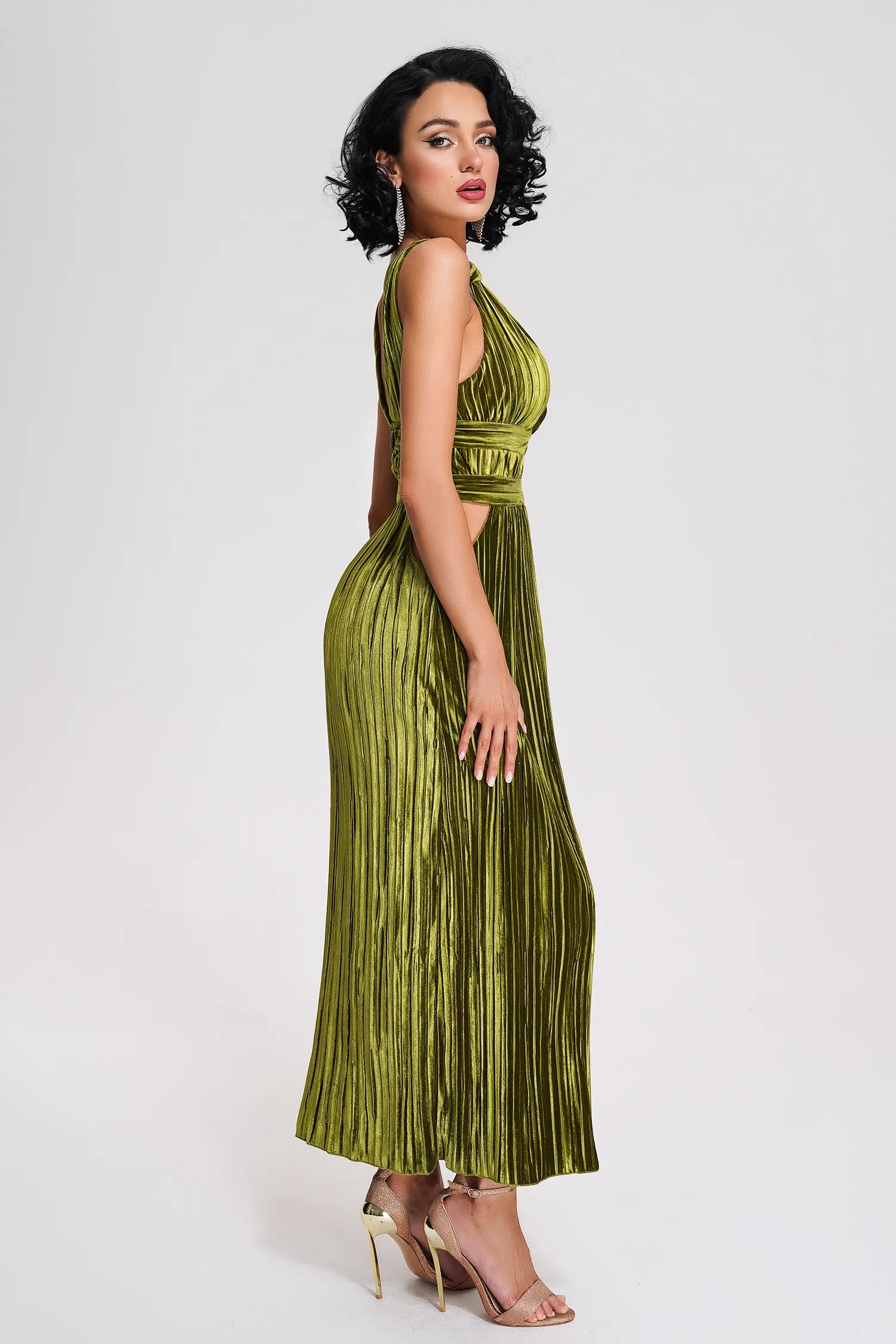 Ruby Green Velvet Slit Midi Dress