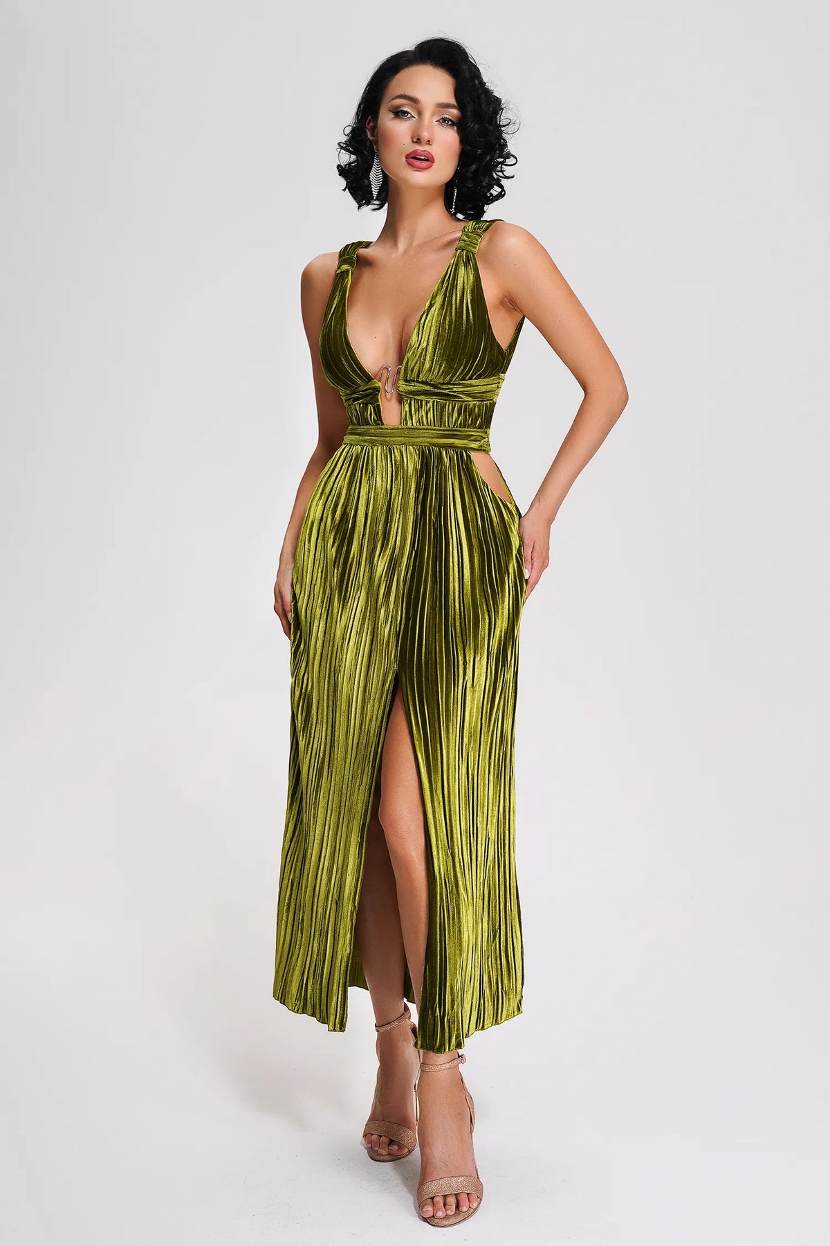 Ruby Green Velvet Slit Midi Dress