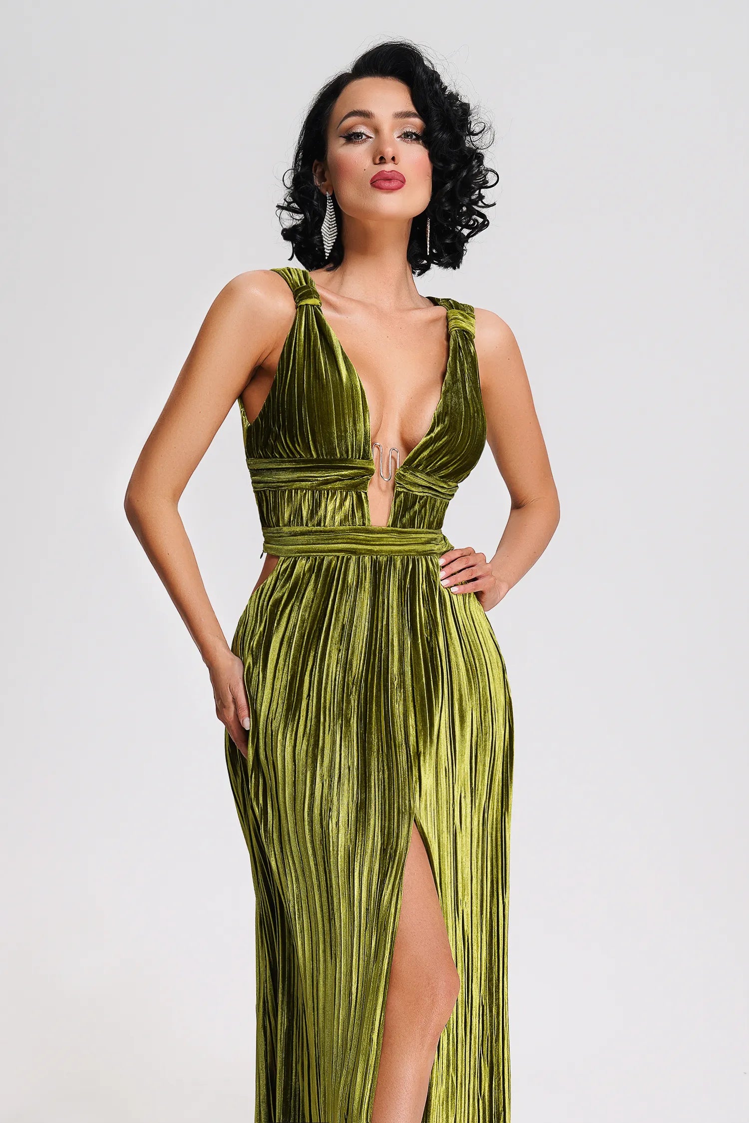 Ruby Green Velvet Slit Midi Dress