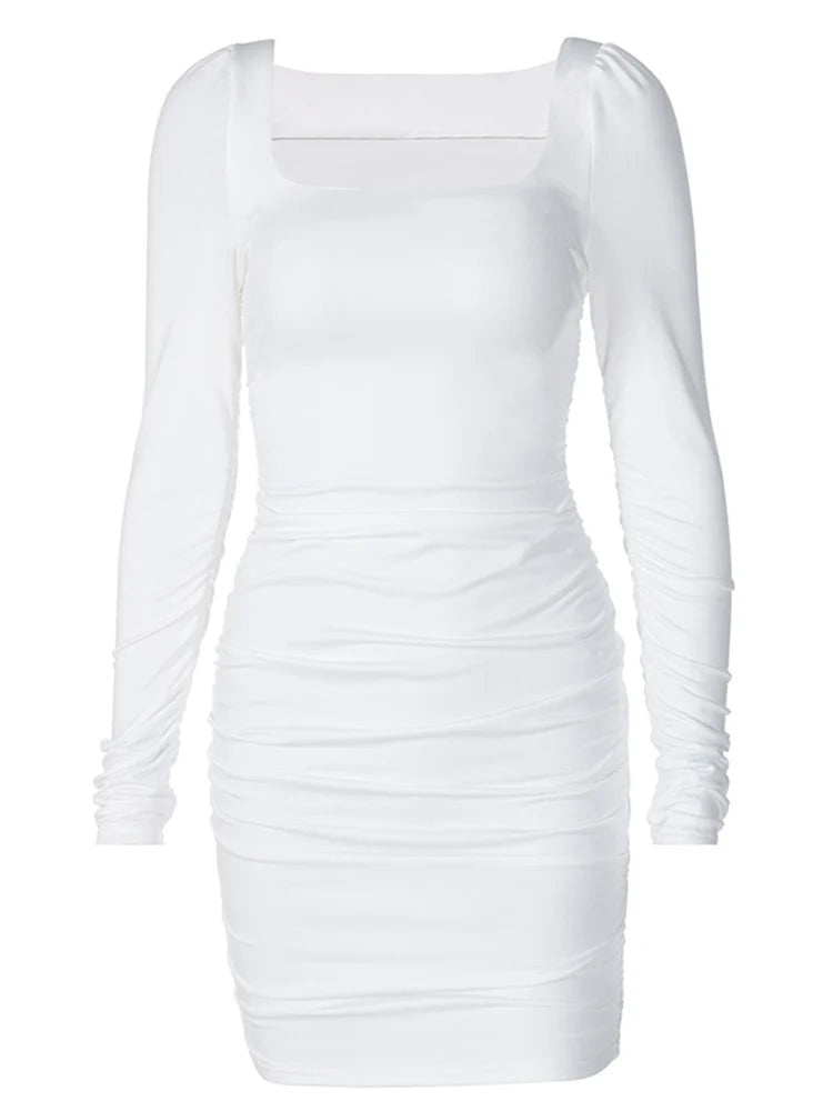 Ruched Solid Women Long Sleeve Mini Dress Bodycon Sexy Party Elegant Streetwear 2024 Autumn Winter Club White Clothes