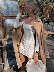 Ruched Solid Women Long Sleeve Mini Dress Bodycon Sexy Party Elegant Streetwear 2024 Autumn Winter Club White Clothes