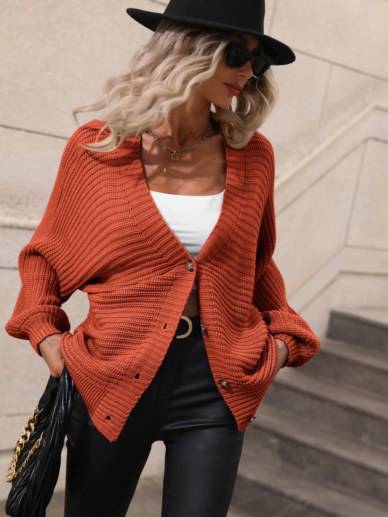 BUTTON UP OVERSIZED KNIT CARDIGAN - RUST