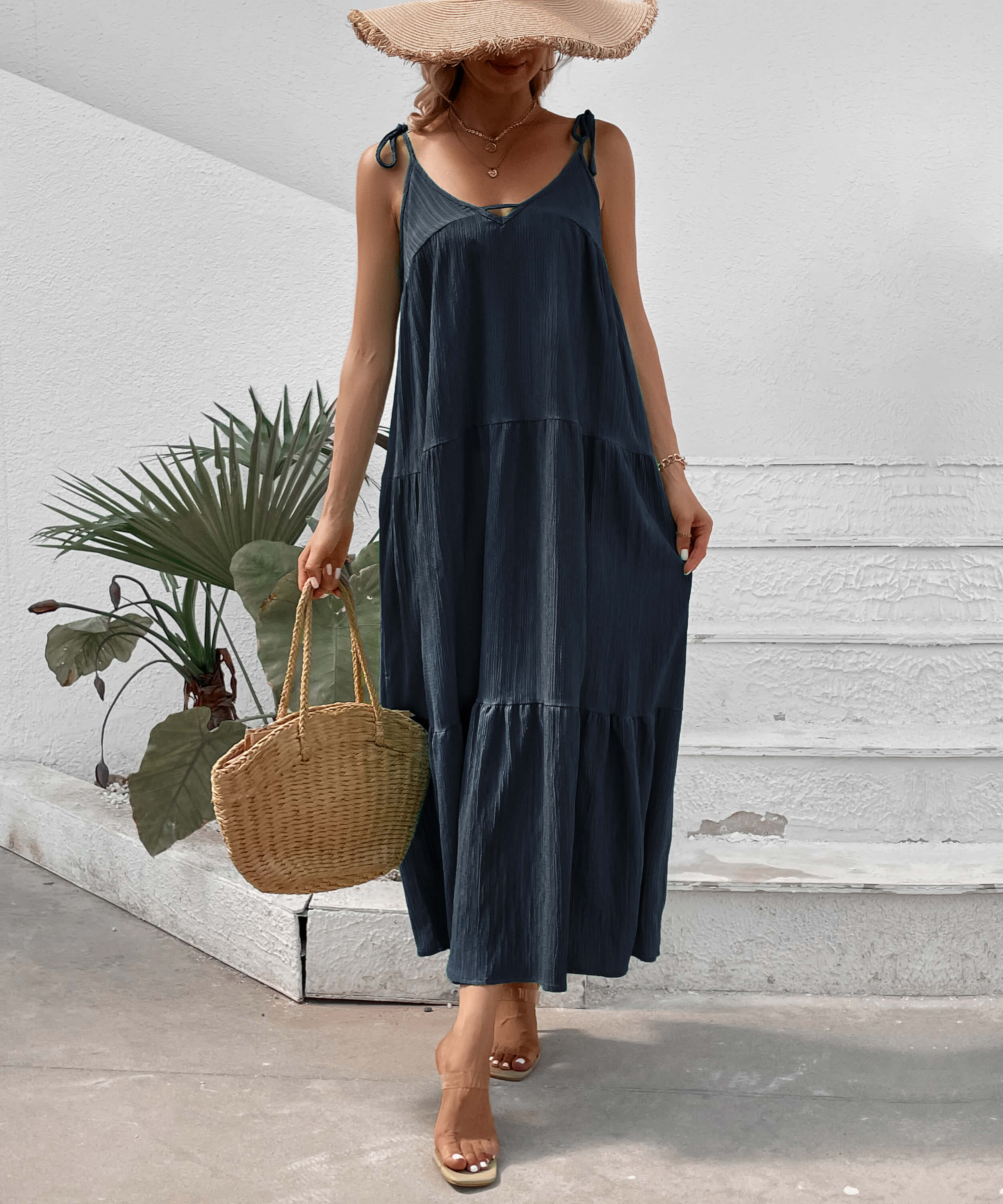 Shayna Flowy Tiered Maxi Dress - Navy