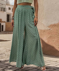 Maureen Printed Waist Tie Wide Leg Pant - Green