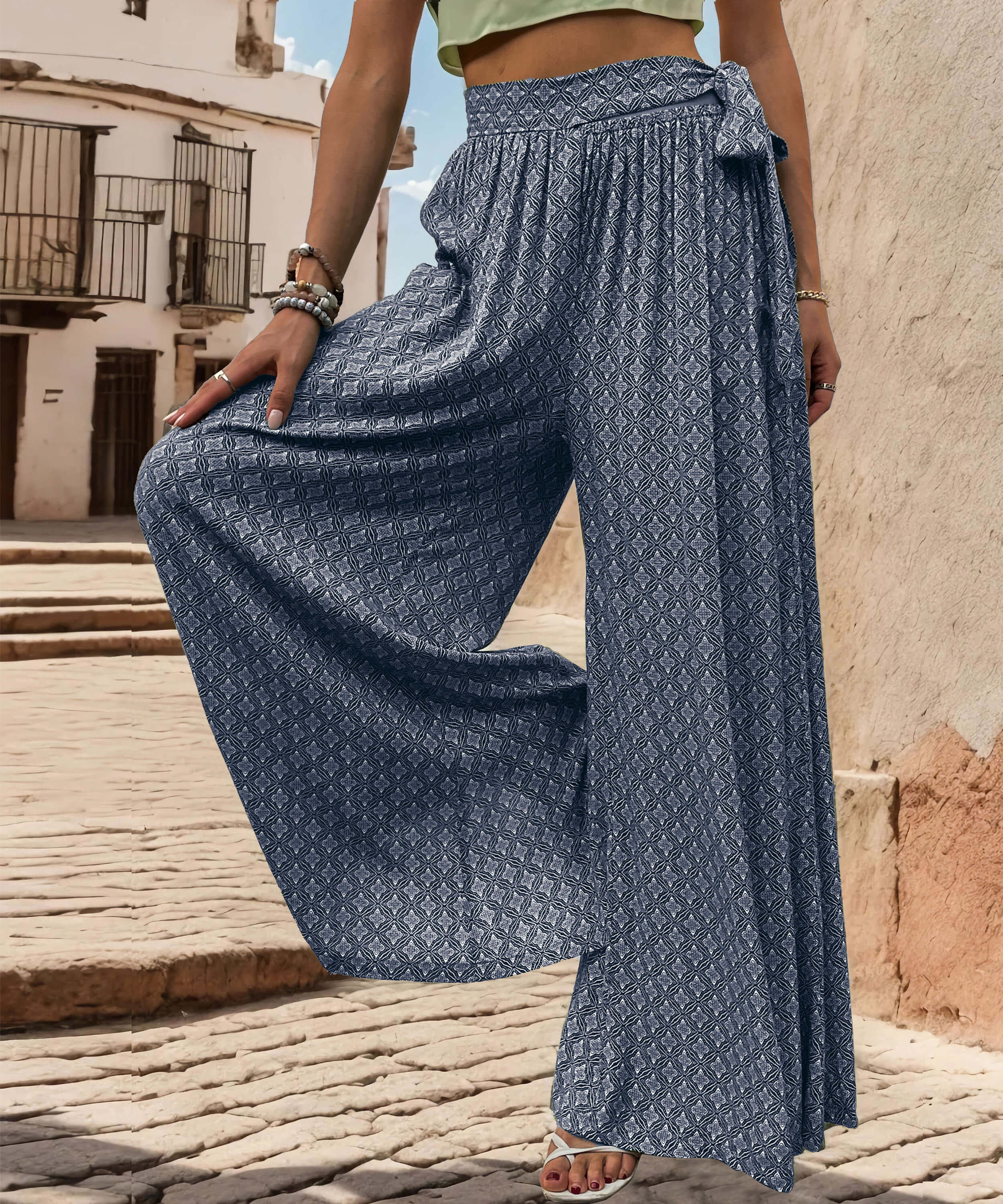 Maureen Printed Waist Tie Wide Leg Pant - Navy