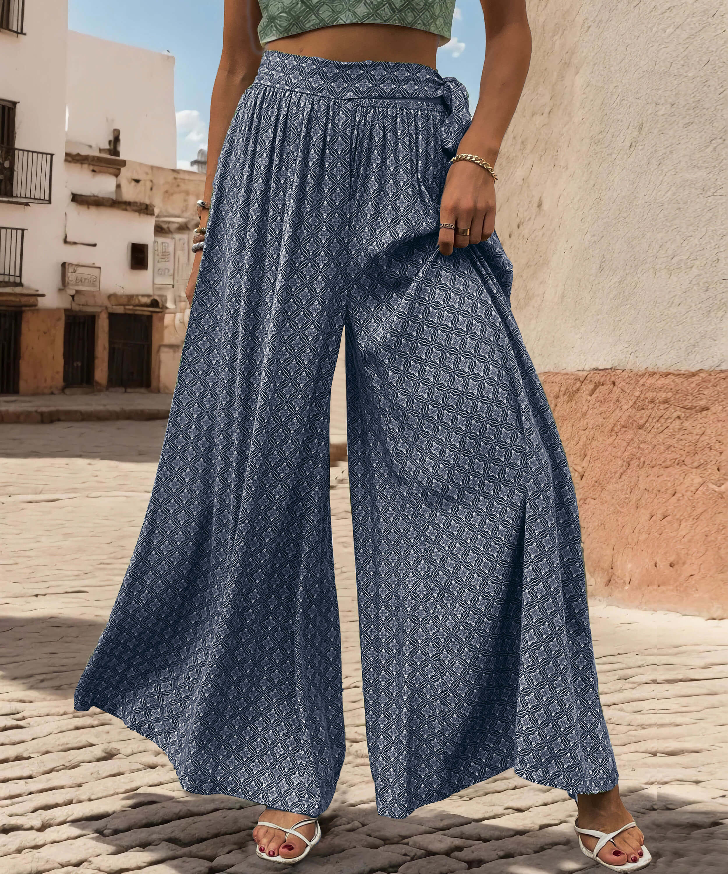 Maureen Printed Waist Tie Wide Leg Pant - Navy