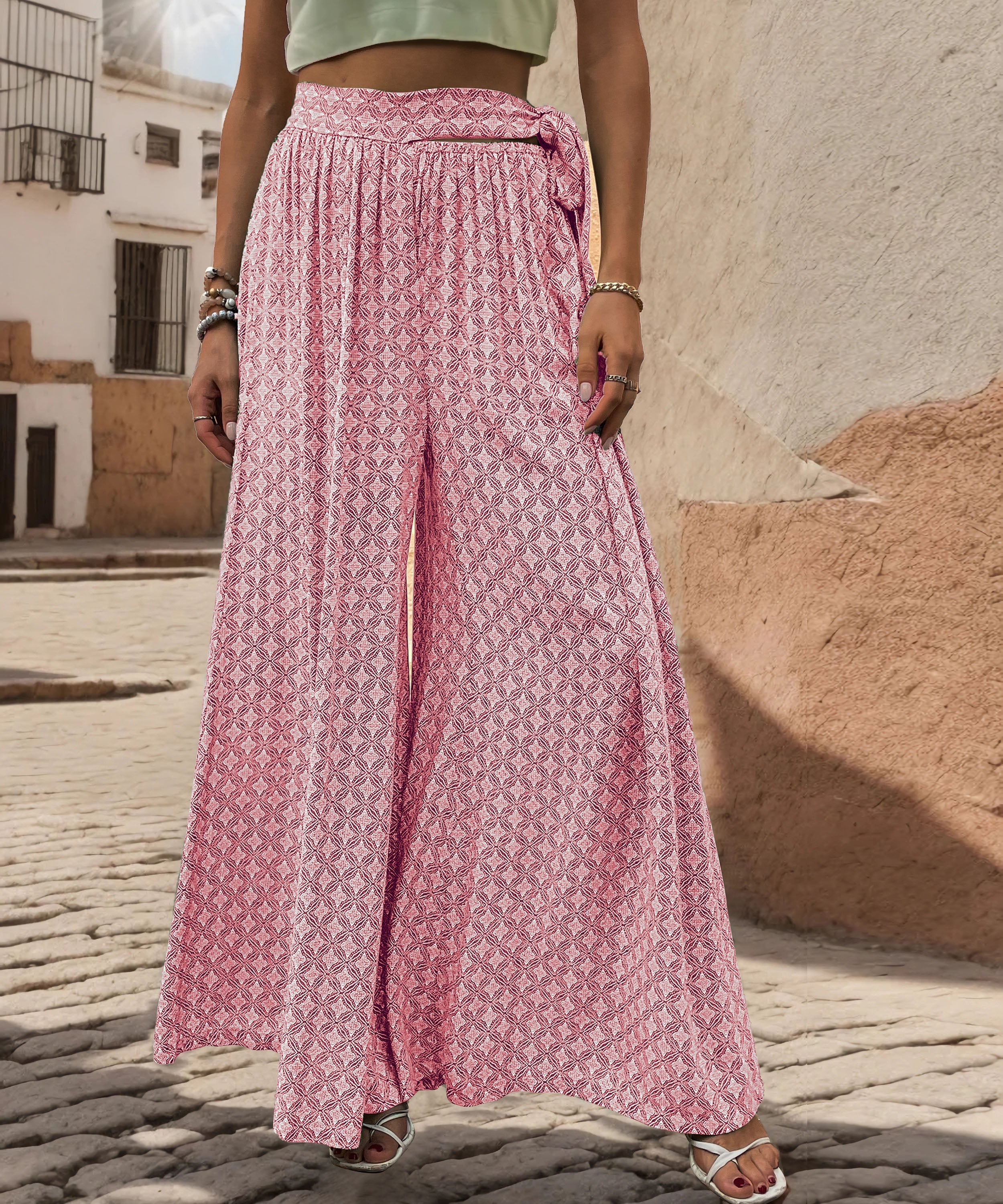 Maureen Printed Waist Tie Wide Leg Pant - Pink