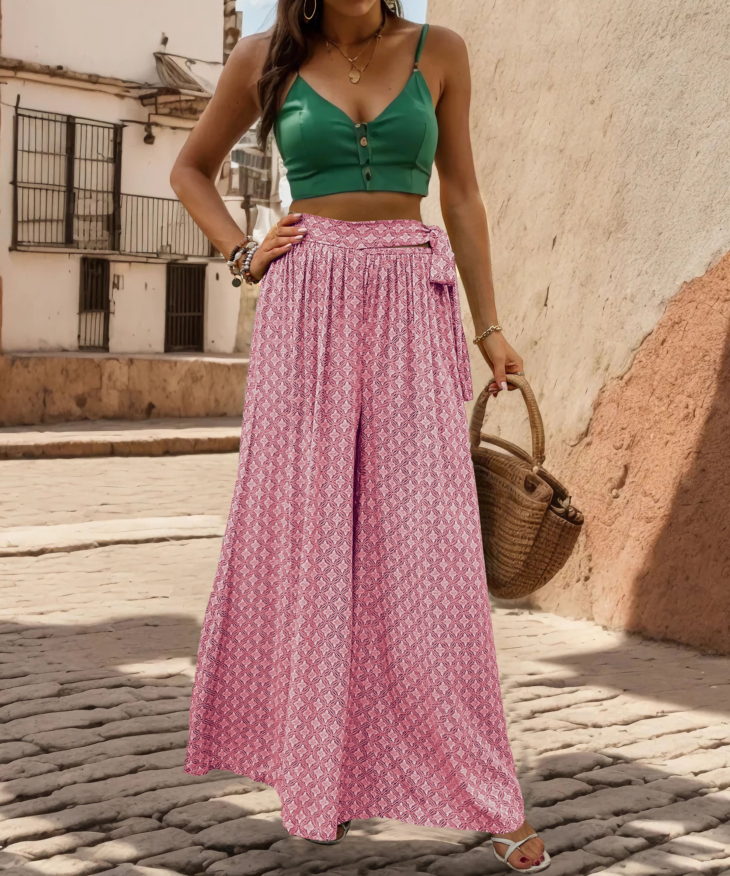 Maureen Printed Waist Tie Wide Leg Pant - Pink