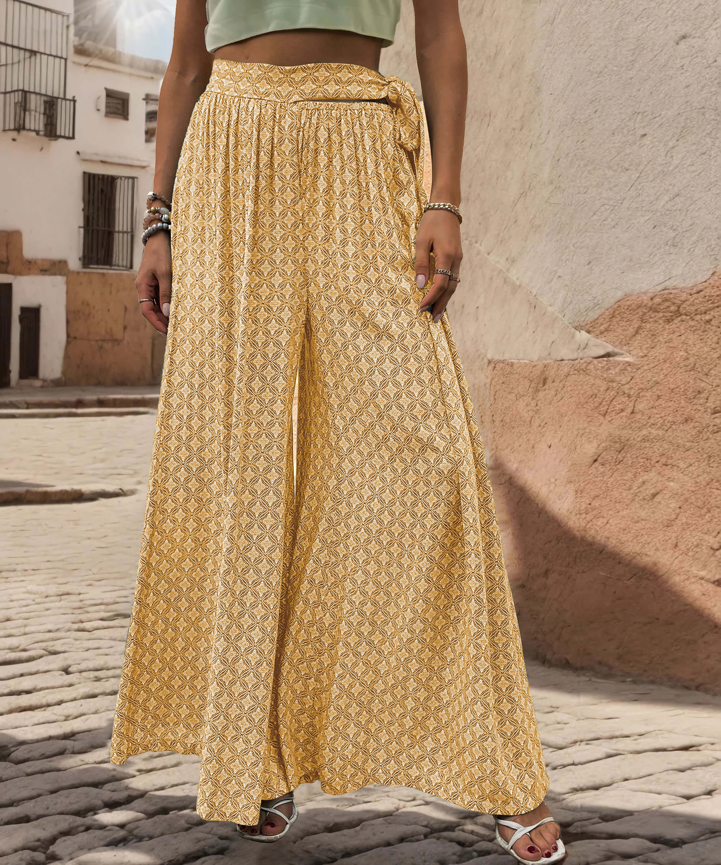 Maureen Printed Waist Tie Wide Leg Pant - Yellow