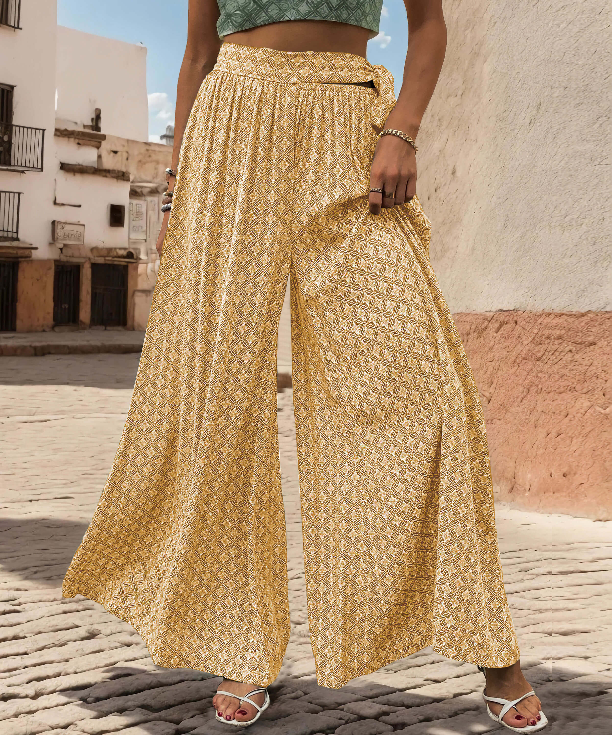 Maureen Printed Waist Tie Wide Leg Pant - Yellow