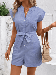 Sonya Cotton Striped Pocketed Romper - Navy