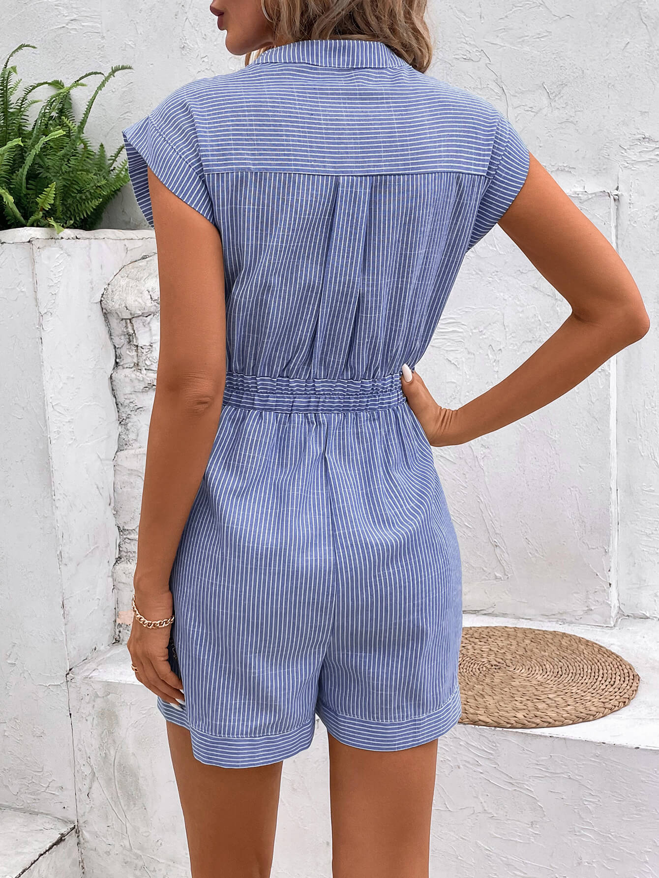 Sonya Cotton Striped Pocketed Romper - Navy