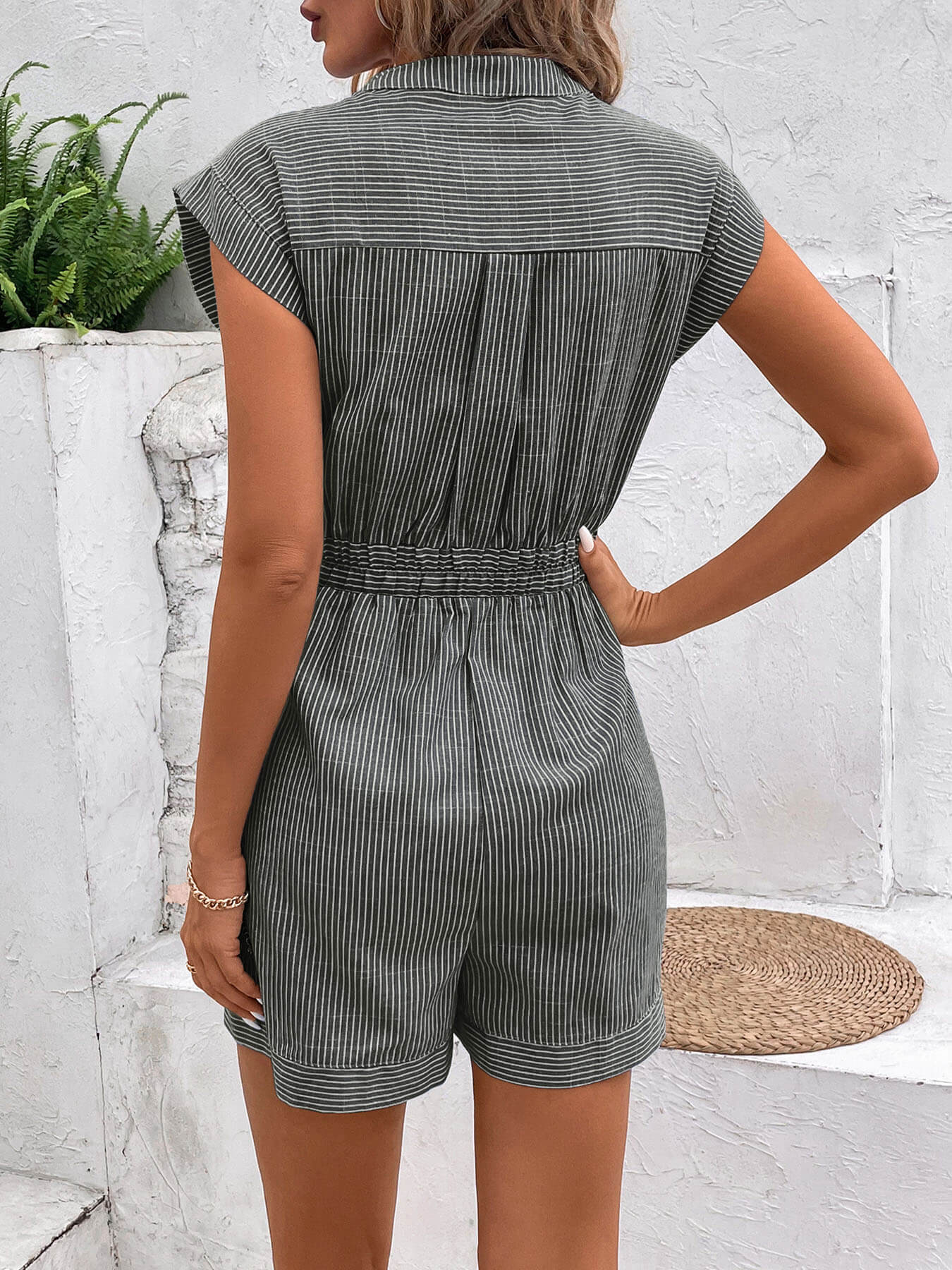 Sonya Cotton Striped Pocketed Romper - Black