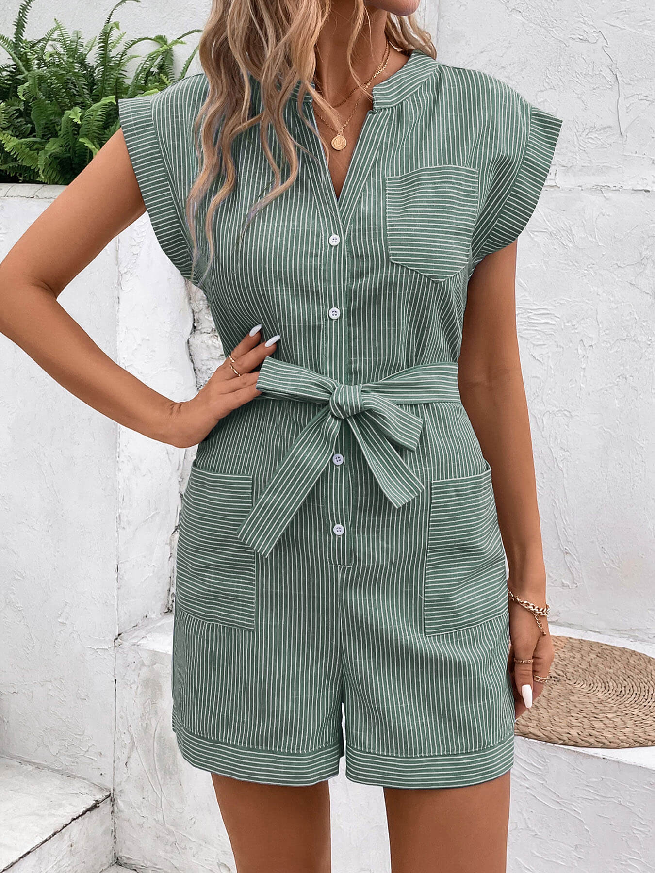 Sonya Cotton Striped Pocketed Romper - Green